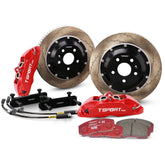 Complete TTSPORT 5440 front wheel big brake kit, showing the 4-piston forged calipers, slotted 2-piece floating rotor, performance pads, and steel-braided brake lines.