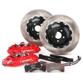 Complete TTSPORT 8657S front wheel big brake kit, showing the 6-piston forged calipers, slotted 2-piece floating rotor, performance pads, and steel-braided brake lines.