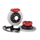 Complete TTSPORT DRT4 rear wheel drift brake kit, showing the 4-piston forged calipers, slotted 2-piece rotor, performance pads, and steel-braided brake lines.