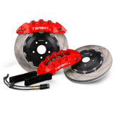 Complete TTSPORT EB8 front wheel big brake kit, showing the 8-piston forged calipers, slotted 2-piece floating rotor, performance pads, and steel-braided brake lines.