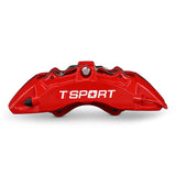 Detailed view of the 6 pistons with dust boot inside a TTSPORT Toyota Land Cruiser and Prado front wheel forged brake caliper.