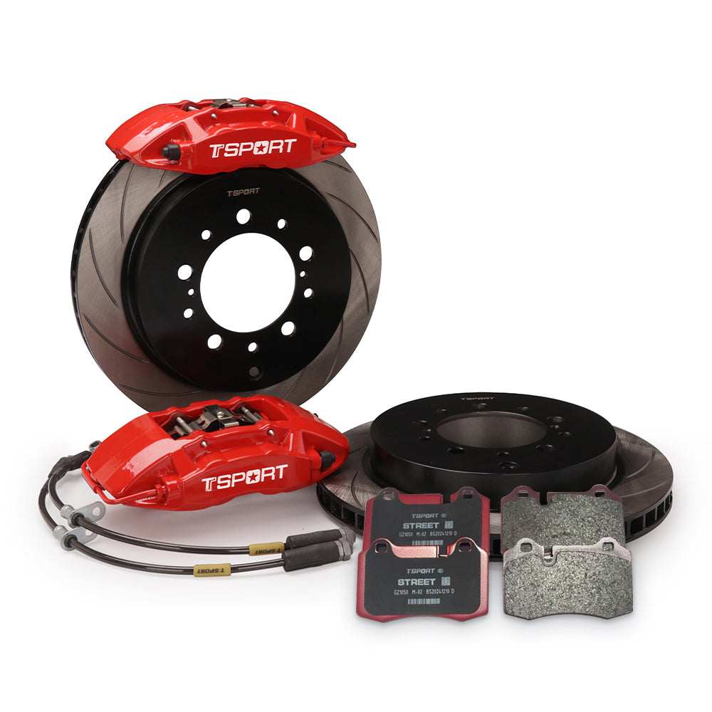 Complete TTSPORT Toyota Land Curise and Prado rear wheel big brake kit, showing the 4-piston forged calipers, slotted rotor, performance pads, and steel-braided brake lines.