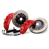 Complete TTSPORT SL8 front wheel big brake kit, showing the 8-piston forged calipers, slotted 2-piece floating rotor, performance pads, and steel-braided brake lines.