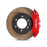 Close-up of a red TTSPORT GWM Tank 300 6-piston forged brake caliper for the front wheel and a slotted rotor.