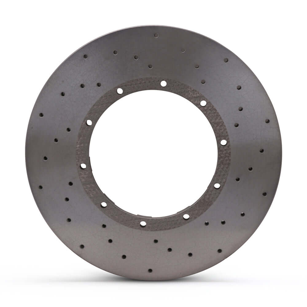 A TTSPORT carbon ceramic brake rotor with a drilled design, shown on a white background.