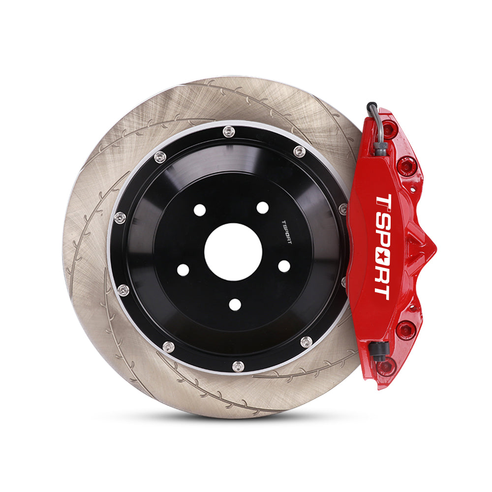 Close-up of a red TTSPORT 5420S 4-piston forged brake caliper for the front wheel and a slotted 2-piece floating rotor.