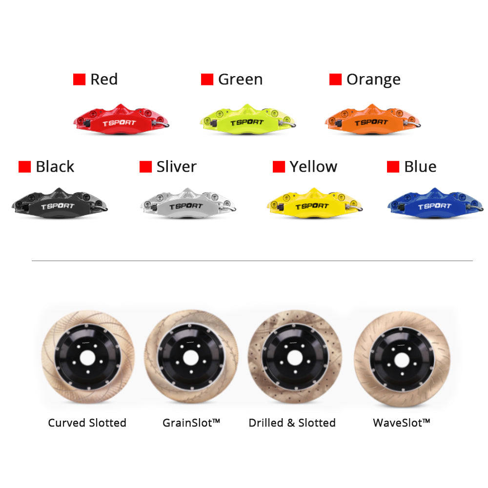 Customization options for the TTSPORT 5420S brake kit, featuring available caliper colors (red, blue, green, orange), rotor designs (drilled and slotted).