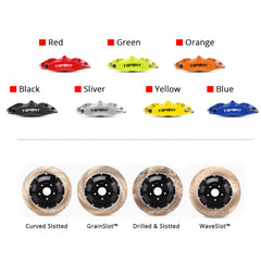 Customization options for the TTSPORT 5420S brake kit, featuring available caliper colors (red, blue, green, orange), rotor designs (drilled and slotted).