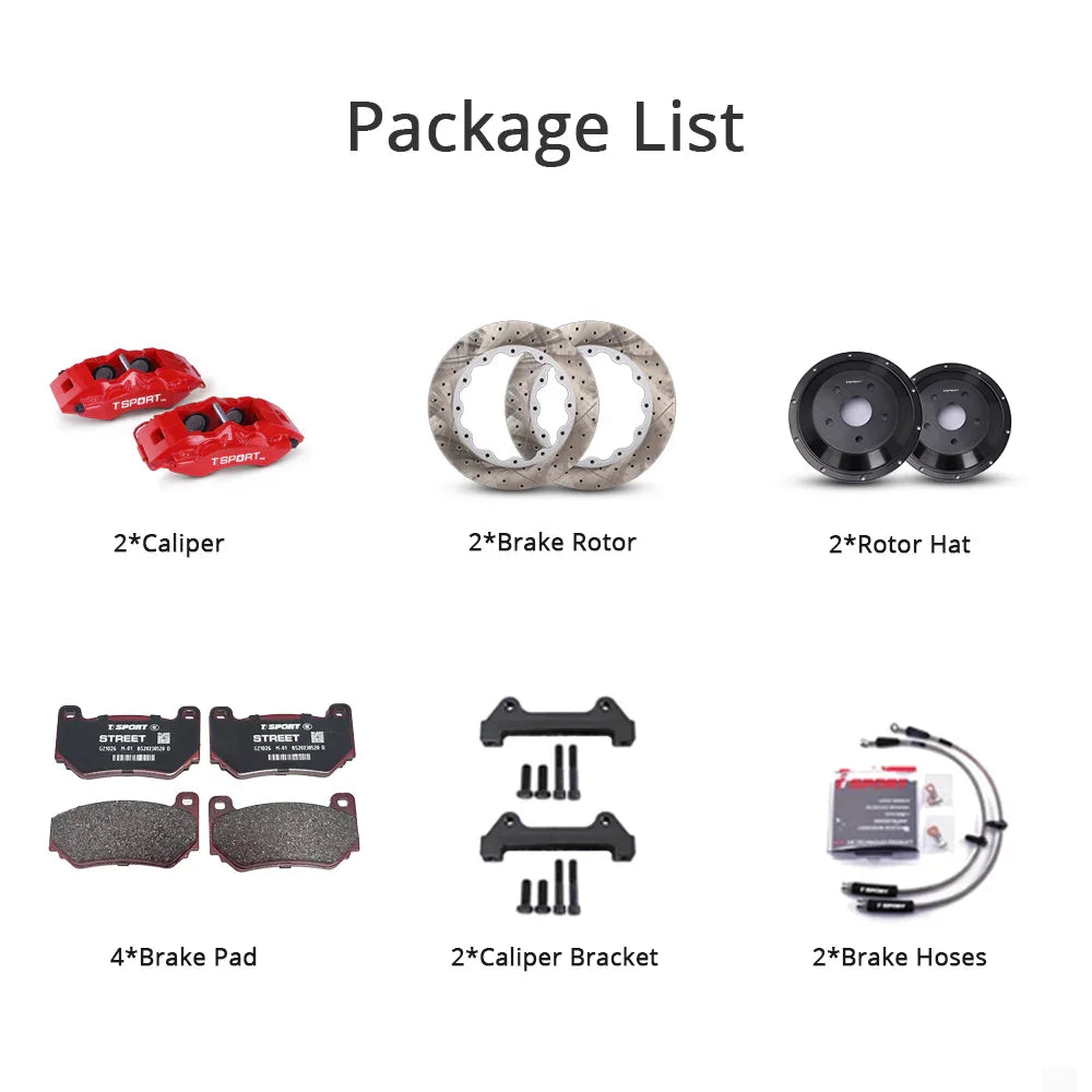 Unboxing the complete TTSPORT 5430 performance big brake kit, including all components: calipers, rotors, pads, brake line, and mounting hardware.