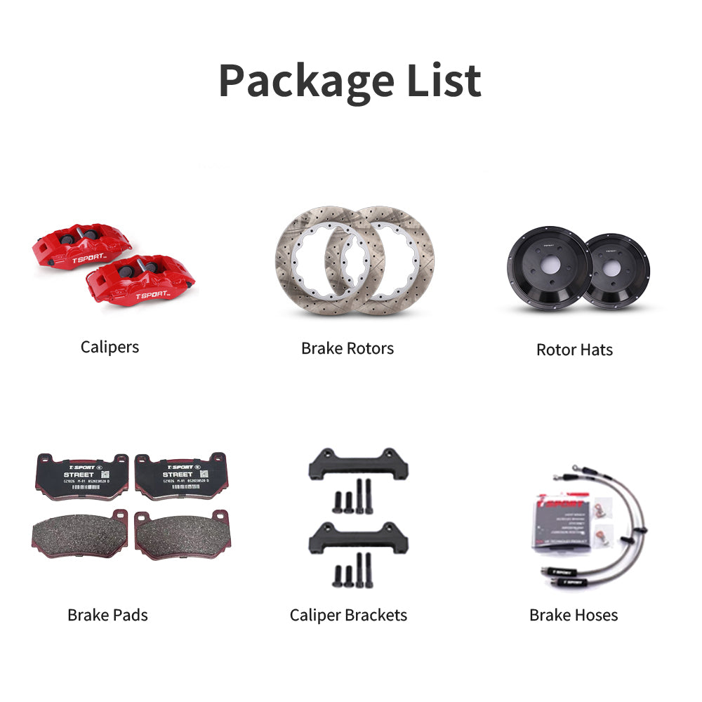 Unboxing the complete TTSPORT 5430 performance big brake kit, including all components: calipers, rotors, pads, brake line, and mounting hardware.