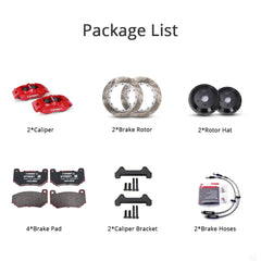 Unboxing the complete TTSPORT 5430 performance big brake kit, including all components: calipers, rotors, pads, brake line, and mounting hardware.