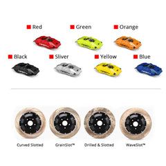 Customization options for the TTSPORT 5430 brake kit, featuring available caliper colors (red, blue, green, orange), rotor designs (drilled and slotted).