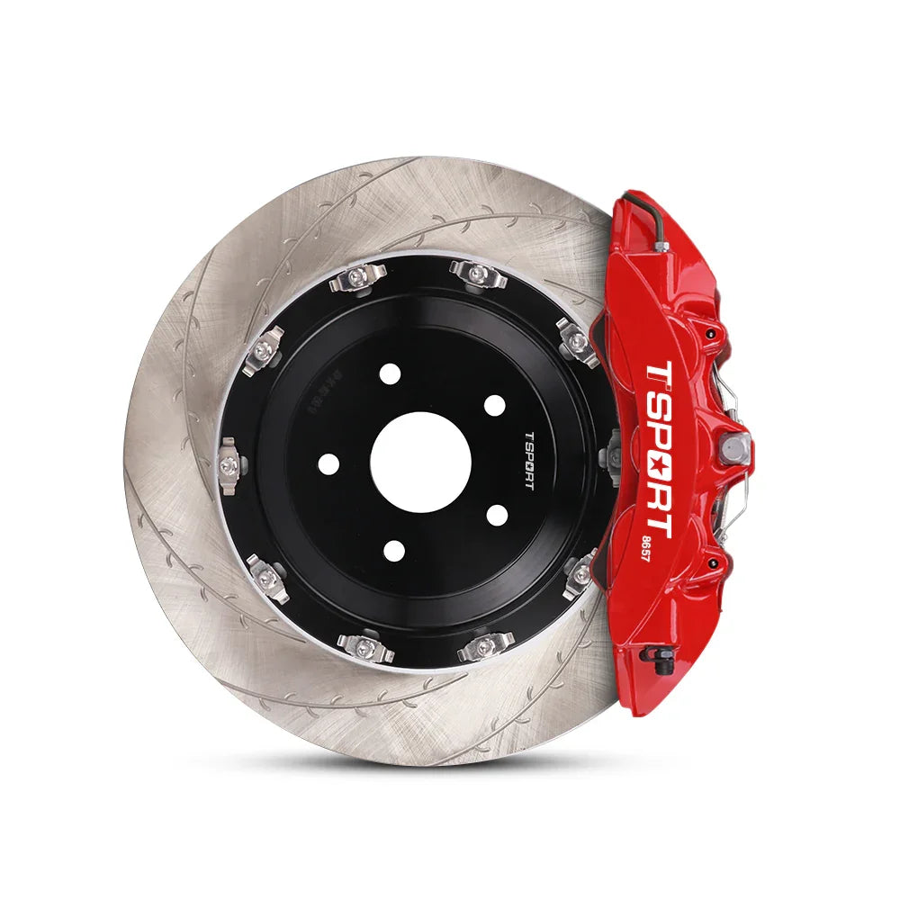 Close-up of a red TTSPORT 8657S 6-piston forged brake caliper for the front wheel and a slotted 2-piece floating rotor.