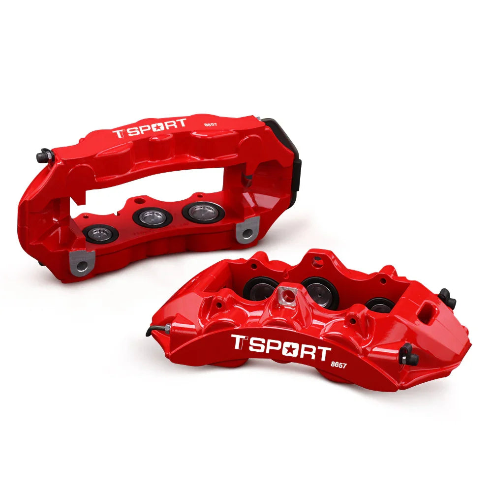 Detailed view of the 6 pistons with dust boot inside a TTSPORT 8657S forged brake caliper.