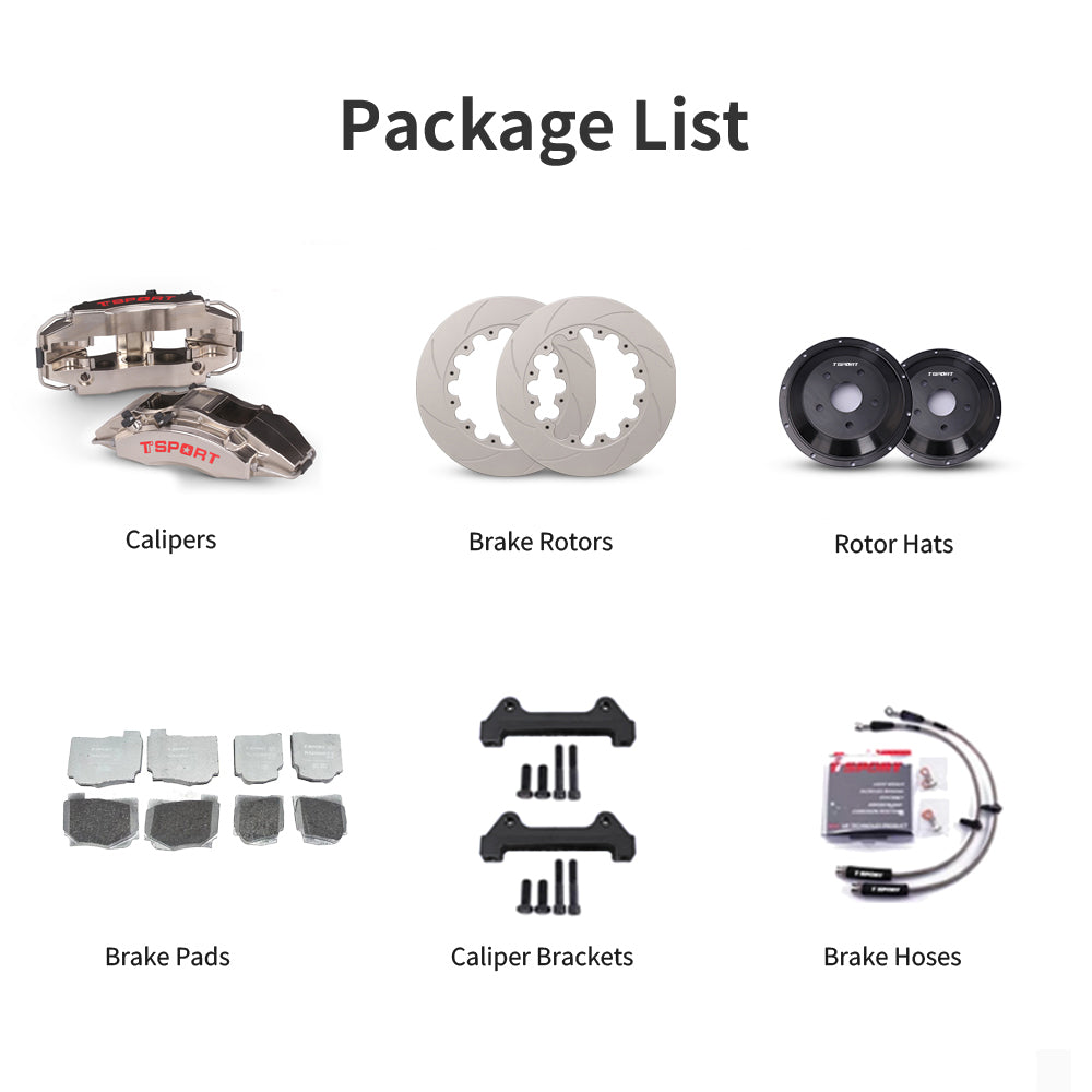 Unboxing the complete TTSPORT DRT4+2 drift brake kit, including all components: calipers, rotors, pads, brake line, and mounting hardware.