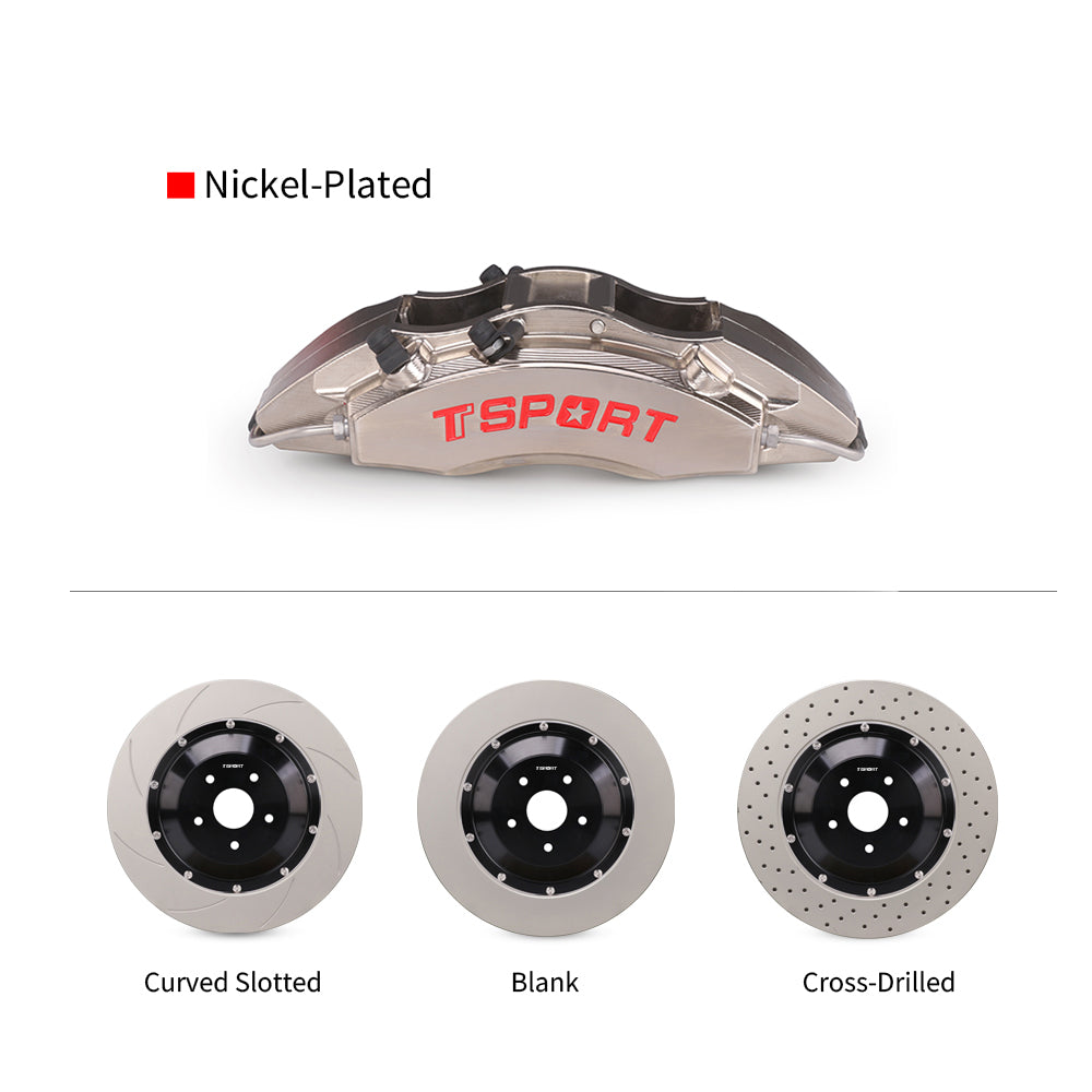 Customization options for the TTSPORT DRT4+2 rear wheel drift brake kit, featuring available caliper colors (chrome), rotor designs (drilled, blank and slotted).