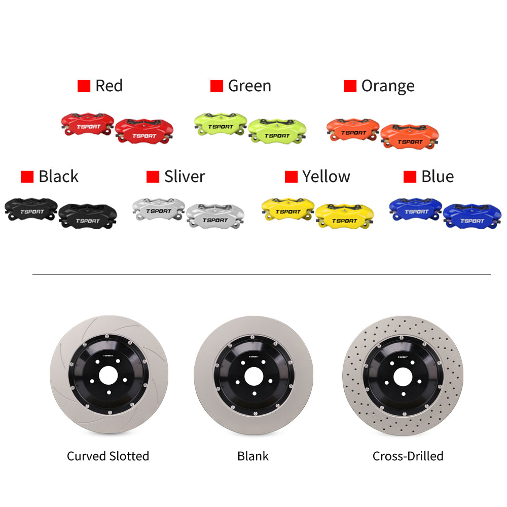 Customization options for the TTSPORT DRT4+4 rear wheel drift brake kit, featuring available caliper colors (red, blue, green, orange), rotor designs (drilled, blank, and slotted).