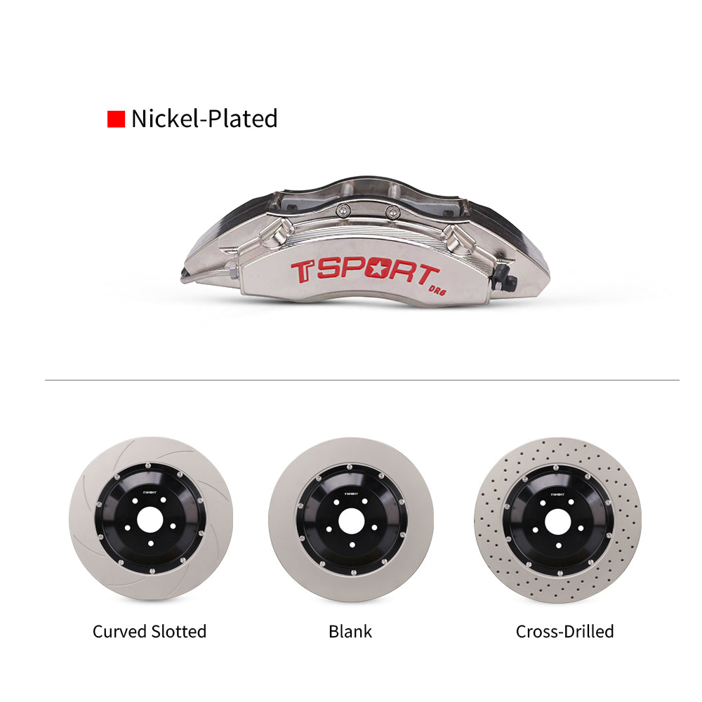Customization options for the TTSPORT DRT6 front wheel drift brake kit, featuring available caliper color (chrome), rotor designs (drilled, blank, and slotted).