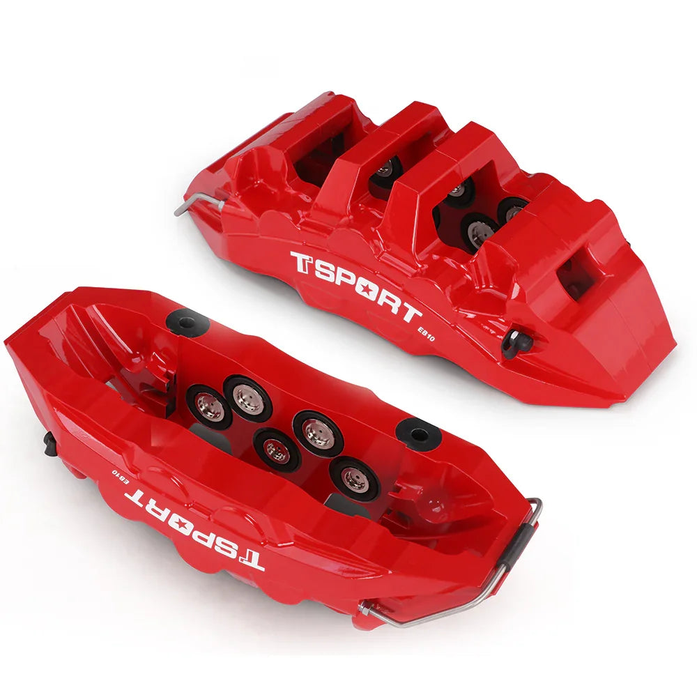 Detailed view of the 10 pistons with dust boot inside a TTSPORT EB10 forged brake caliper.