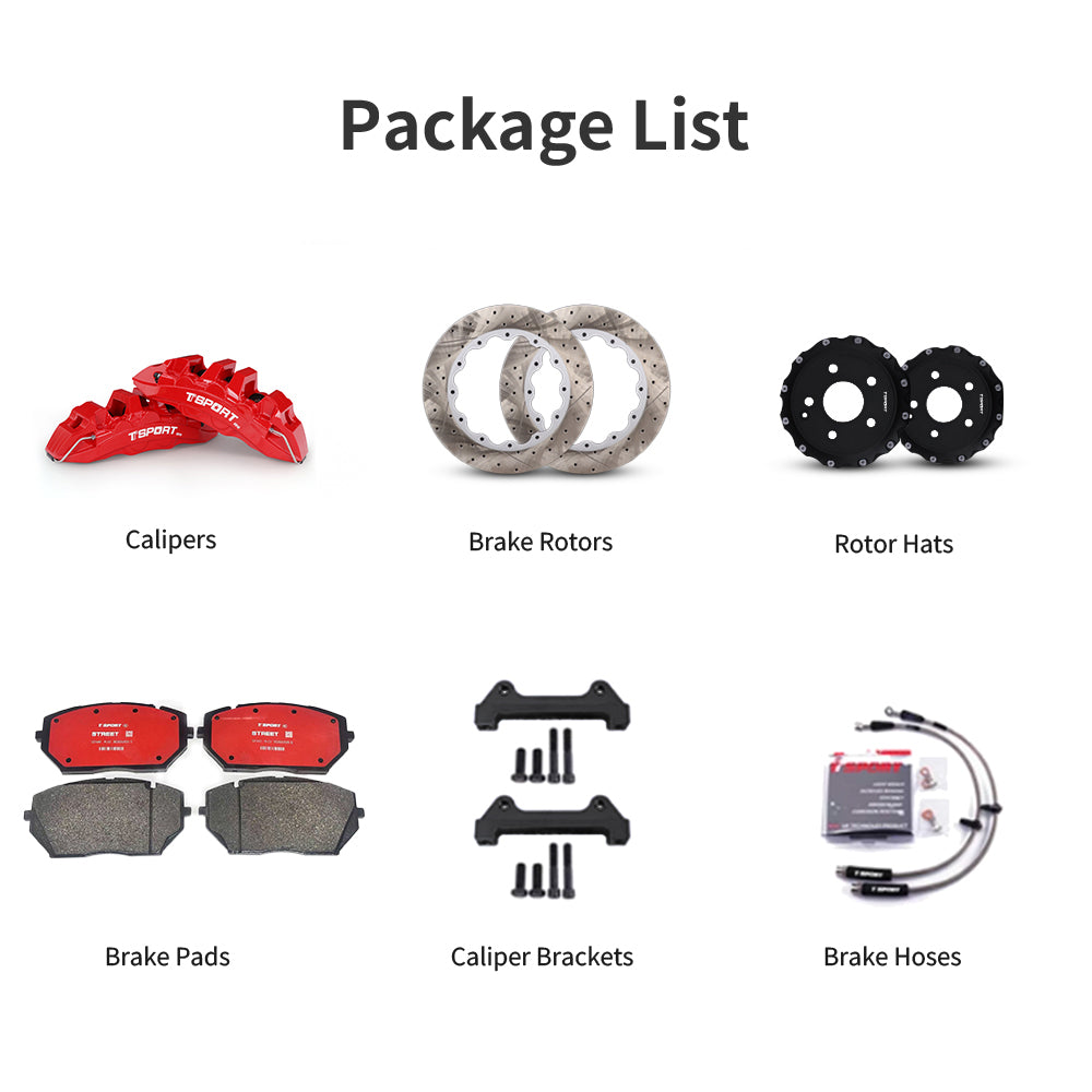 Unboxing the complete TTSPORT EB10 performance big brake kit, including all components: calipers, rotors, pads, brake line, and mounting hardware.