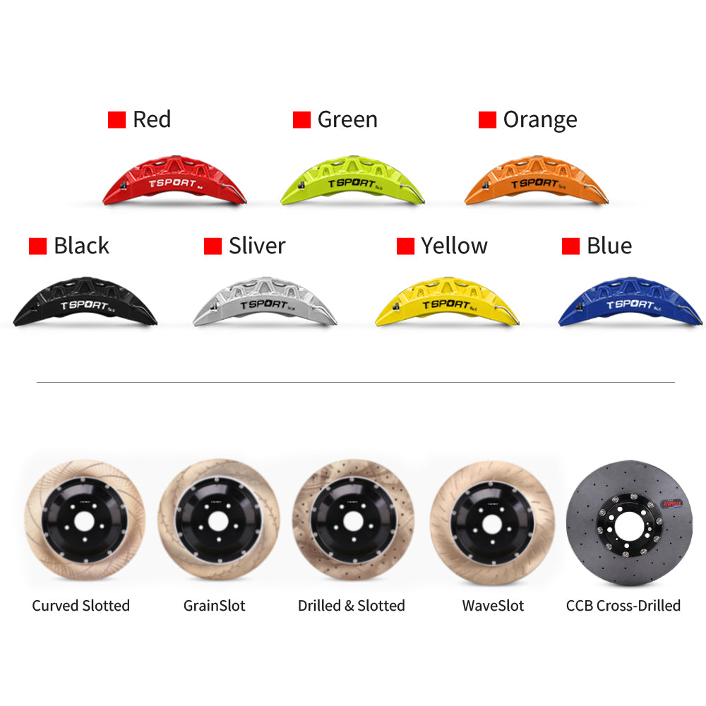 Customization options for the TTSPORT EB10 brake kit, featuring available caliper colors (red, blue, green, orange), rotor designs (drilled and slotted), and rotor materials (steel and carbon ceramic).