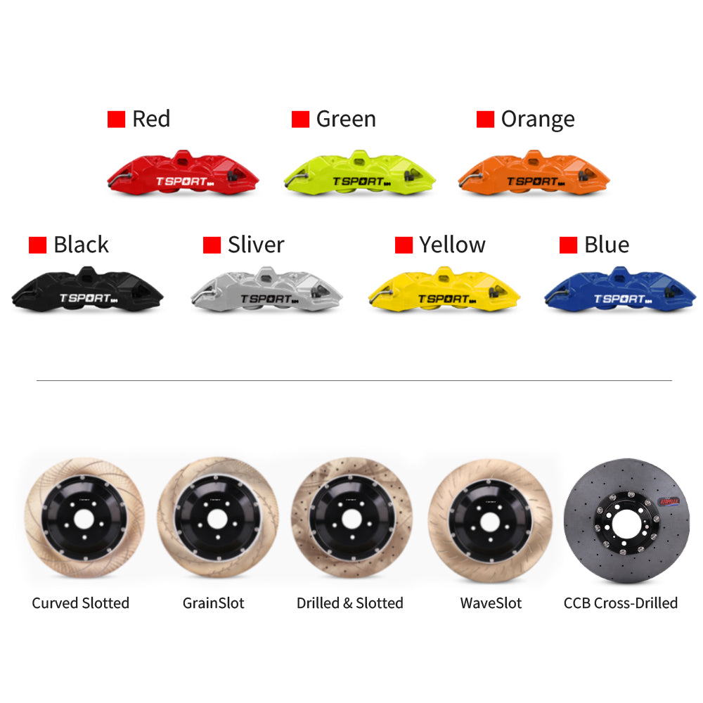 Customization options for the TTSPORT EB4 brake kit, featuring available caliper colors (red, blue, green, orange), rotor designs (drilled and slotted), and rotor materials (steel and carbon ceramic).
