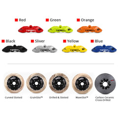Customization options for the TTSPORT EB4 brake kit, featuring available caliper colors (red, blue, green, orange), rotor designs (drilled and slotted), and rotor materials (steel and carbon ceramic).