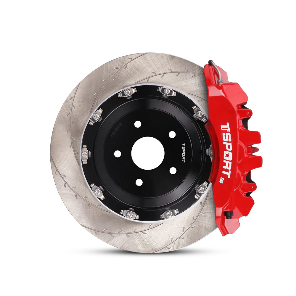 Close-up of a red TTSPORT EB6 6-piston forged brake caliper for the front wheel and a slotted 2-piece floating rotor.
