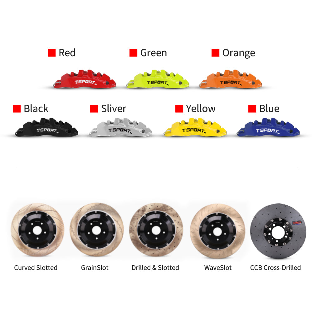 Customization options for the TTSPORT EB6 brake kit, featuring available caliper colors (red, blue, green, orange), rotor designs (drilled and slotted), and rotor materials (steel and carbon ceramic).
