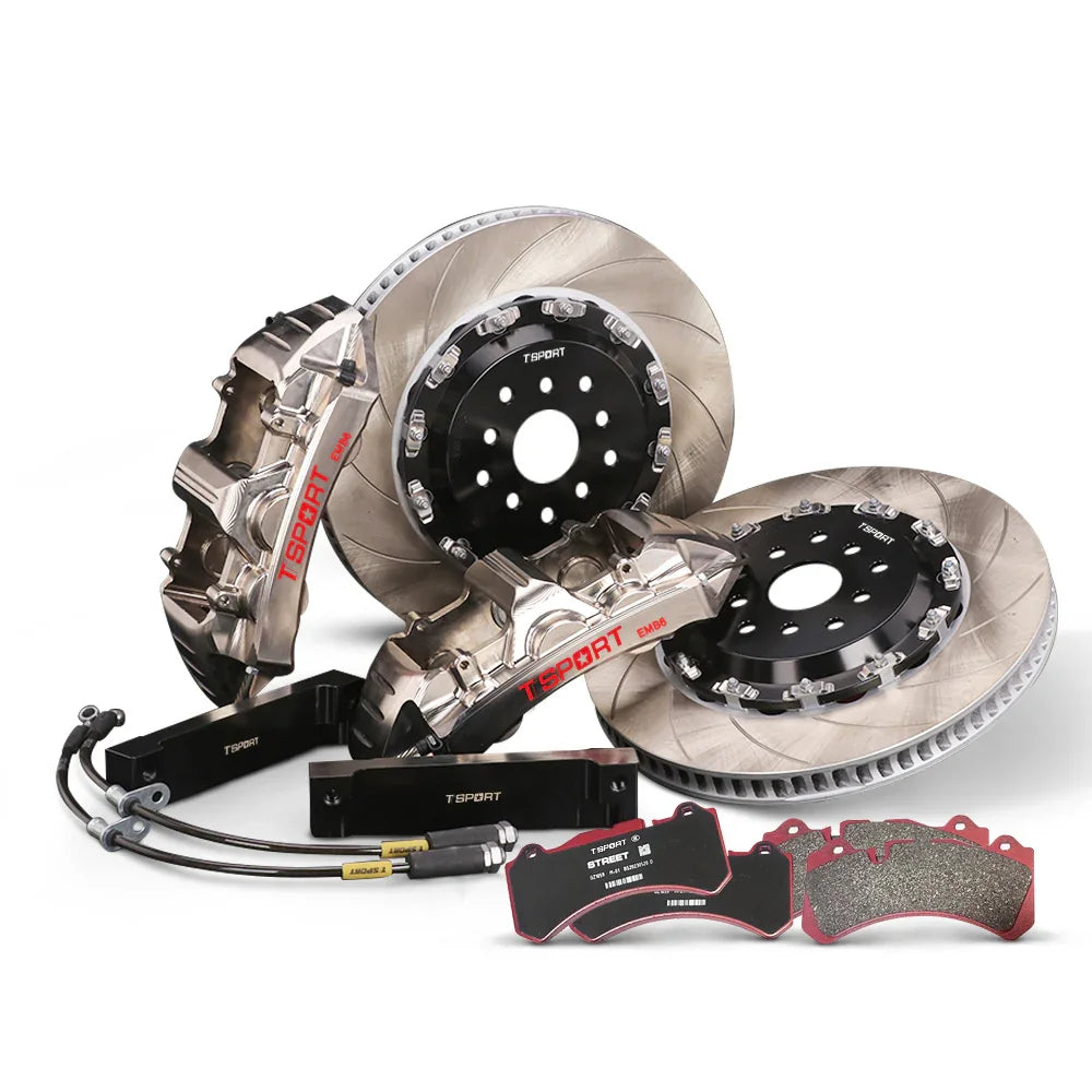 Complete TTSPORT EMB6 front wheel big brake kit, showing the 6-piston monoblock calipers, slotted 2-piece floating rotor, performance pads, and steel-braided brake lines.