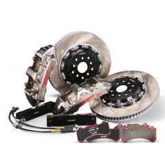 Complete TTSPORT EMB6 front wheel big brake kit, showing the 6-piston monoblock calipers, slotted 2-piece floating rotor, performance pads, and steel-braided brake lines.