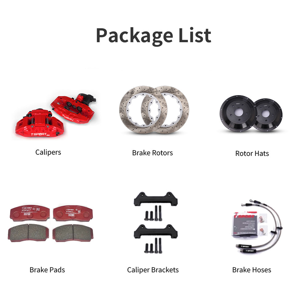 Unboxing the complete TTSPORT EP4S performance big brake kit, including all components: calipers, rotors, pads, brake line, and mounting hardware.