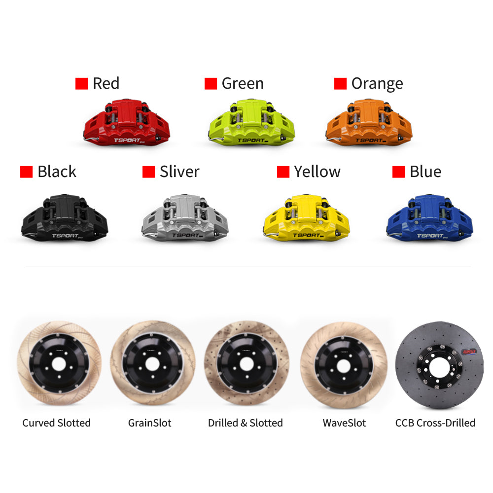Customization options for the TTSPORT EP4S brake kit, featuring available caliper colors (red, blue, green, orange), rotor designs (drilled and slotted), and rotor materials (steel and carbon ceramic).