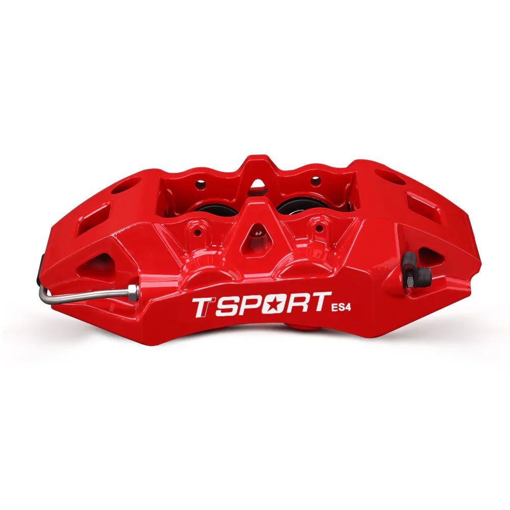 Detailed view of the 4 pistons with dust boot inside a TTSPORT ES4 forged brake caliper.