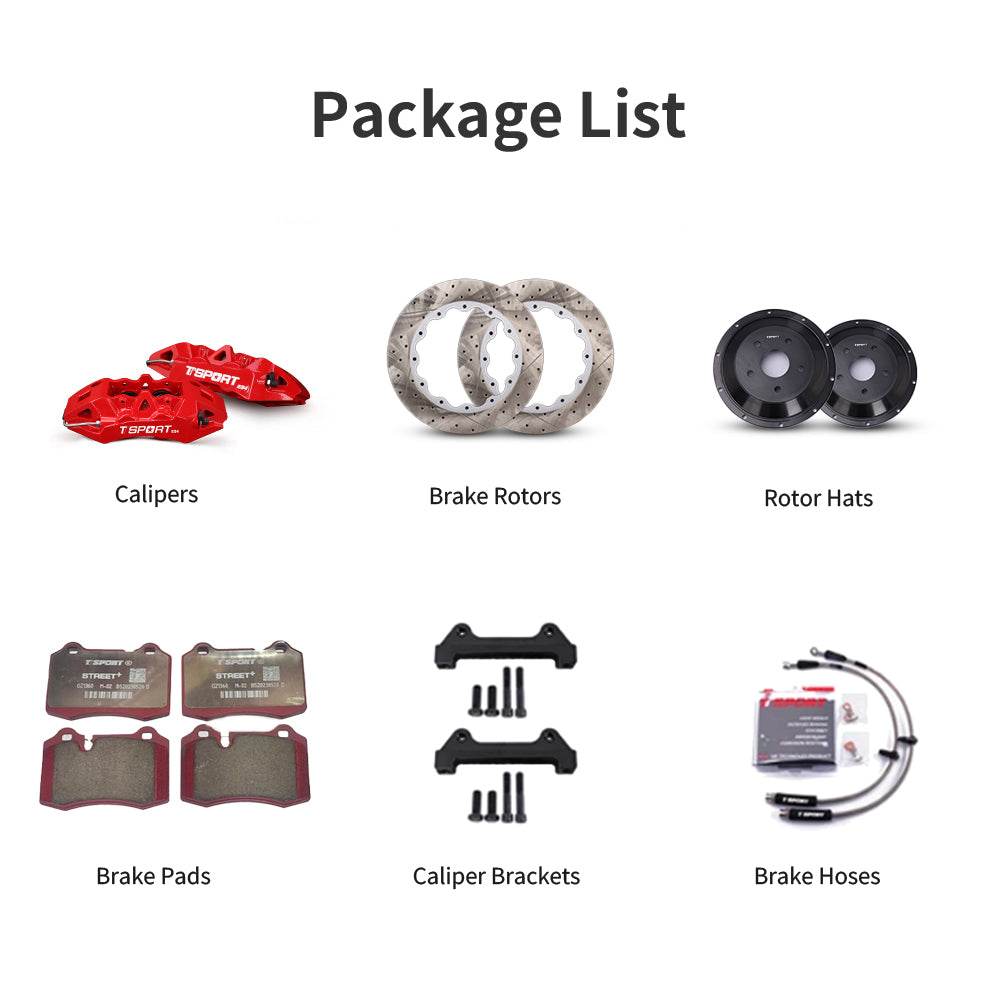 Unboxing the complete TTSPORT ES4 performance big brake kit, including all components: calipers, rotors, pads, brake line, and mounting hardware.