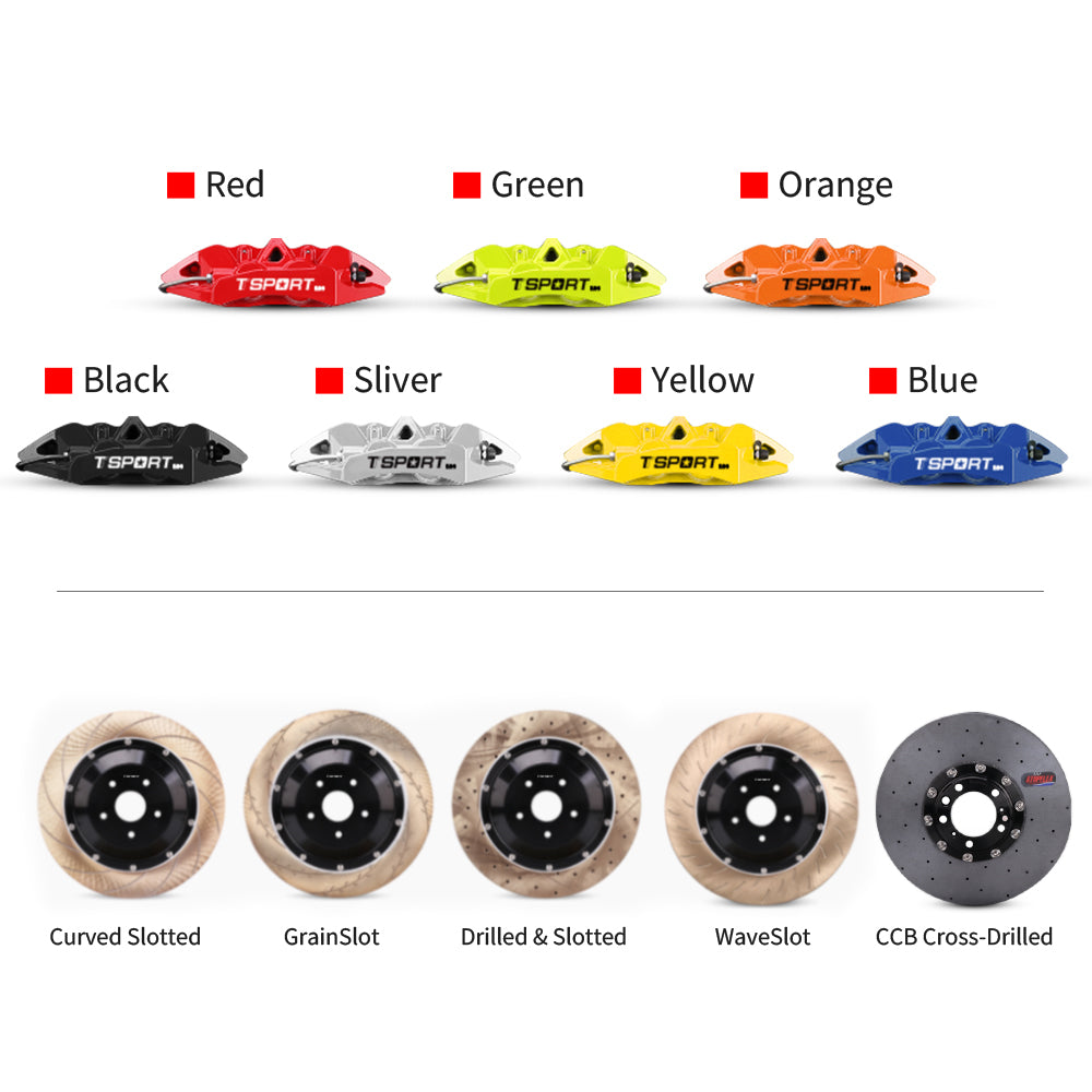 Customization options for the TTSPORT ES4 brake kit, featuring available caliper colors (red, blue, green, orange), rotor designs (drilled and slotted), and rotor materials (steel and carbon ceramic).