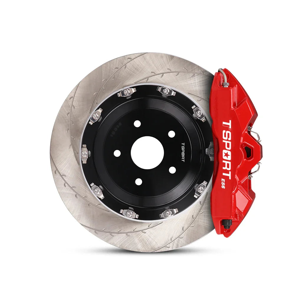 Close-up of a red TTSPORT ES6 6-piston forged brake caliper for the front wheel and a slotted 2-piece floating rotor.