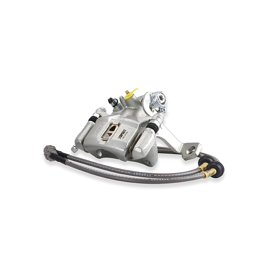 Detailed view of the floating pistons inside a TTSPORT Honda Fit/Jazz rear wheel brake caliper.