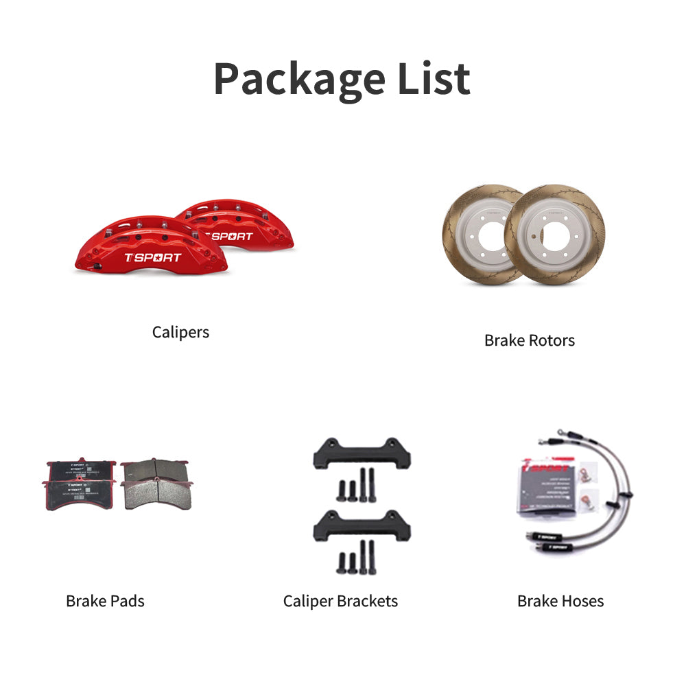 Unboxing the complete TTSPORT Ford Bronco front wheel big brake kit, including all components: calipers, rotors, pads, brake line, and mounting hardware.