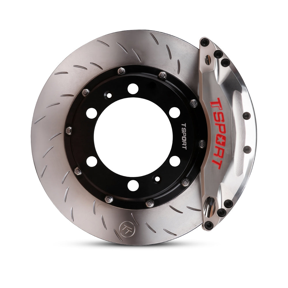 Close-up of a chrome TTSPORT PB6 6-piston watercooling forged brake caliper for the front wheel and a J-hock slotted 2-piece rotor.