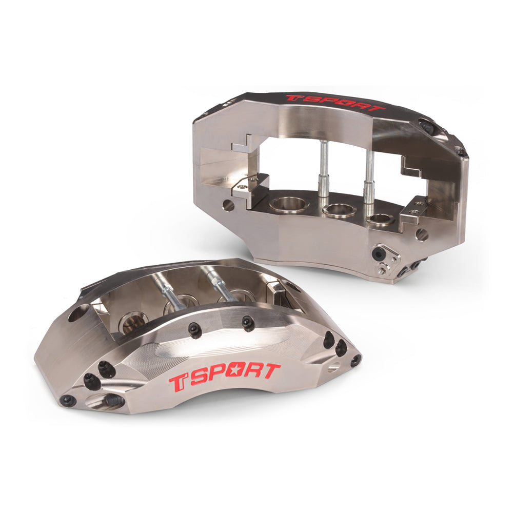 Detailed view of the 6 racing pistons inside a TTSPORT PB6 watercooling rally racing forged brake caliper.