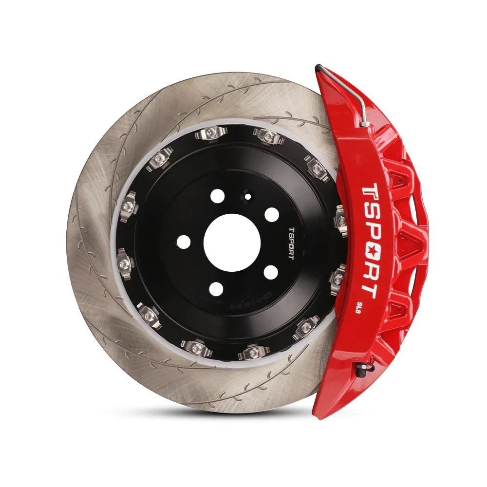 Close-up of a red TTSPORT Sl8 8-piston forged brake caliper for the front wheel and a slotted 2-piece floating rotor.