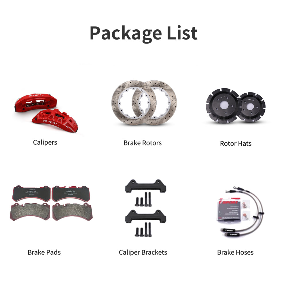 Unboxing the complete TTSPORT SL8 performance big brake kit, including all components: calipers, rotors, pads, brake line, and mounting hardware.
