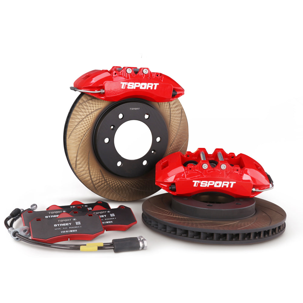 Complete TTSPORT GWM Tank 300 front wheel big brake kit, showing the 6-piston forged calipers, slotted rotor, performance pads, and steel-braided brake lines.