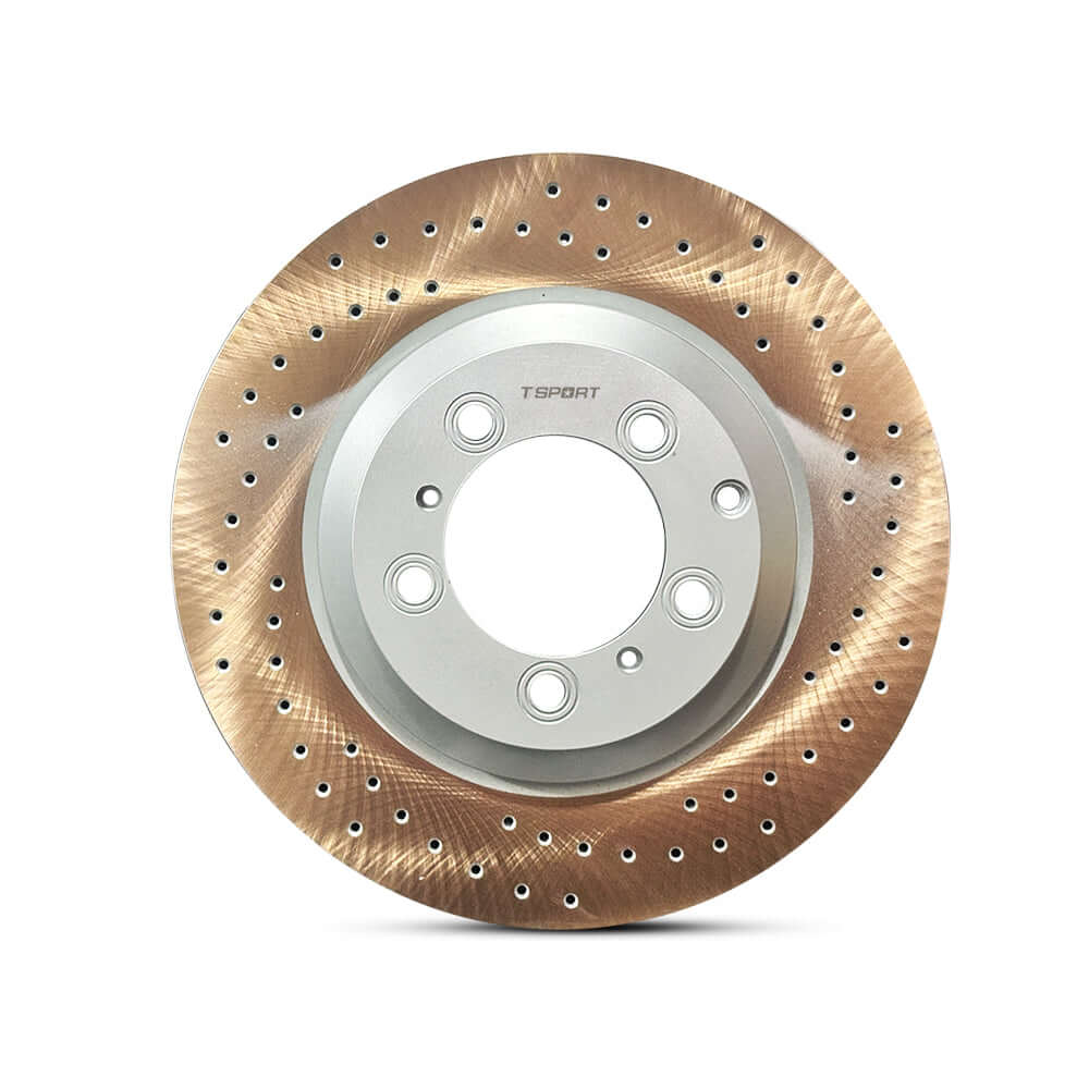 TTSPORT rear wheel drilled brake rotor, an OEM replacement for Porsche Panamera and Cayenne.