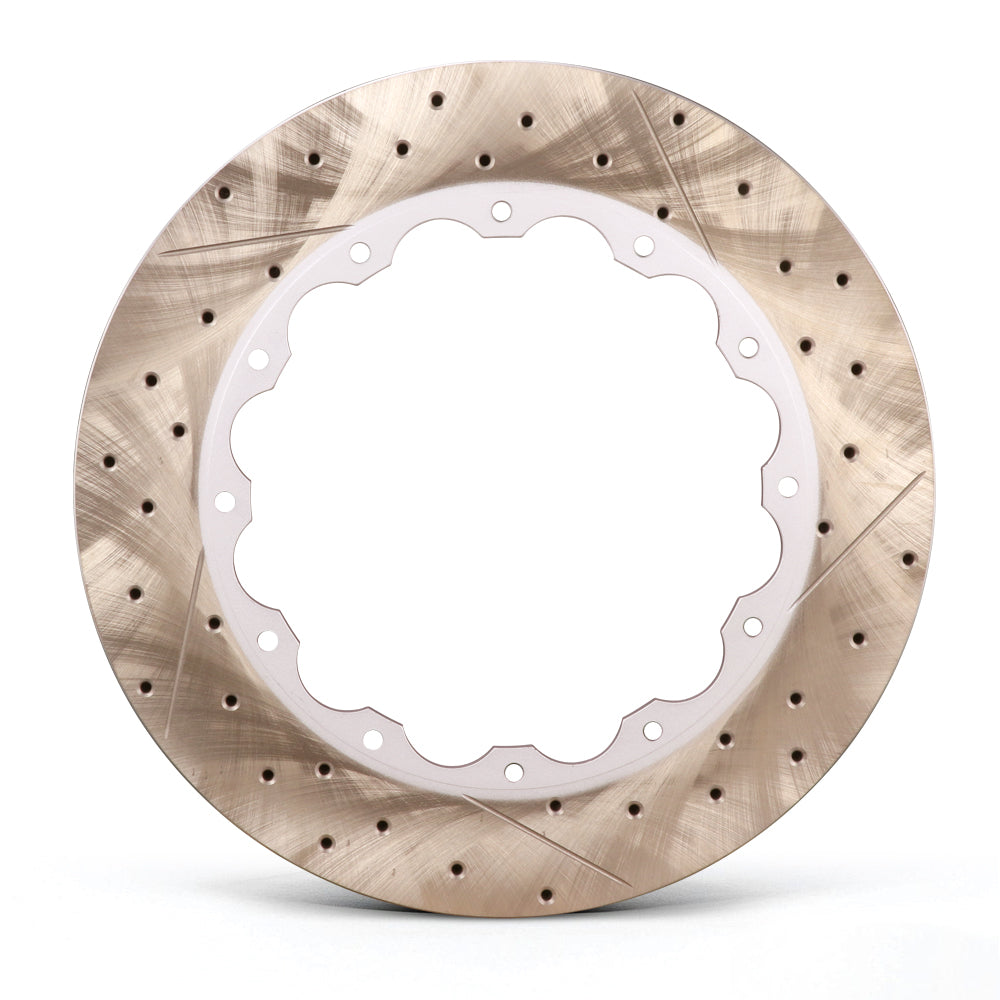 TTSPORT two-piece performance brake rotor in steel, featuring a drilled and slotted design for improved heat dissipation and braking efficiency.